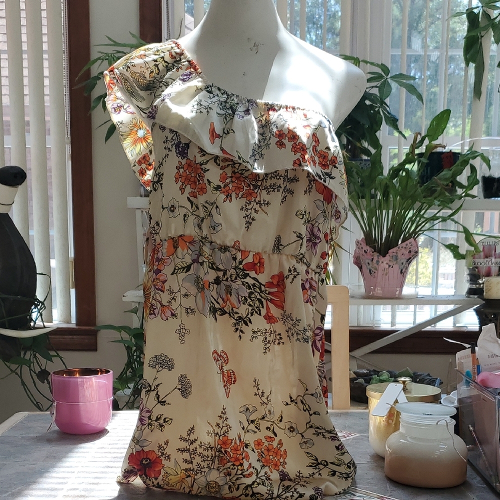 Body Central Floral One-Shoulder Top - Cream and Multicolor
